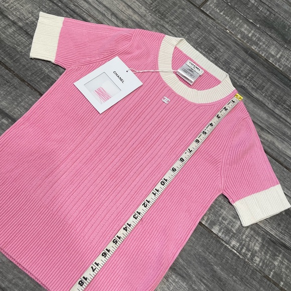 Chanel 23P Pink White CC Logo Ribbed Stretch Cotton Knit T-Shirt Top Shirt 36 - Picture 10 of 15